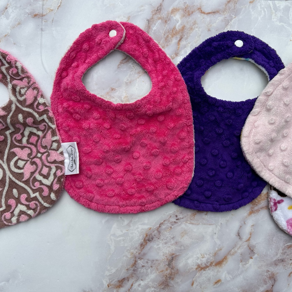 Boutique Baby Bib lot and burp cloth soft minky reversible set Baby girl bibs